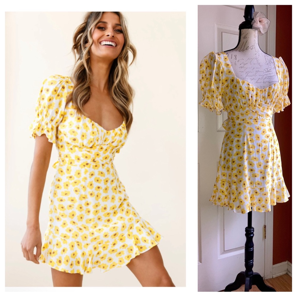 NWT Sunflower Floral Puff Sleeve Open Back Dress Indikah by Angel Biba s…